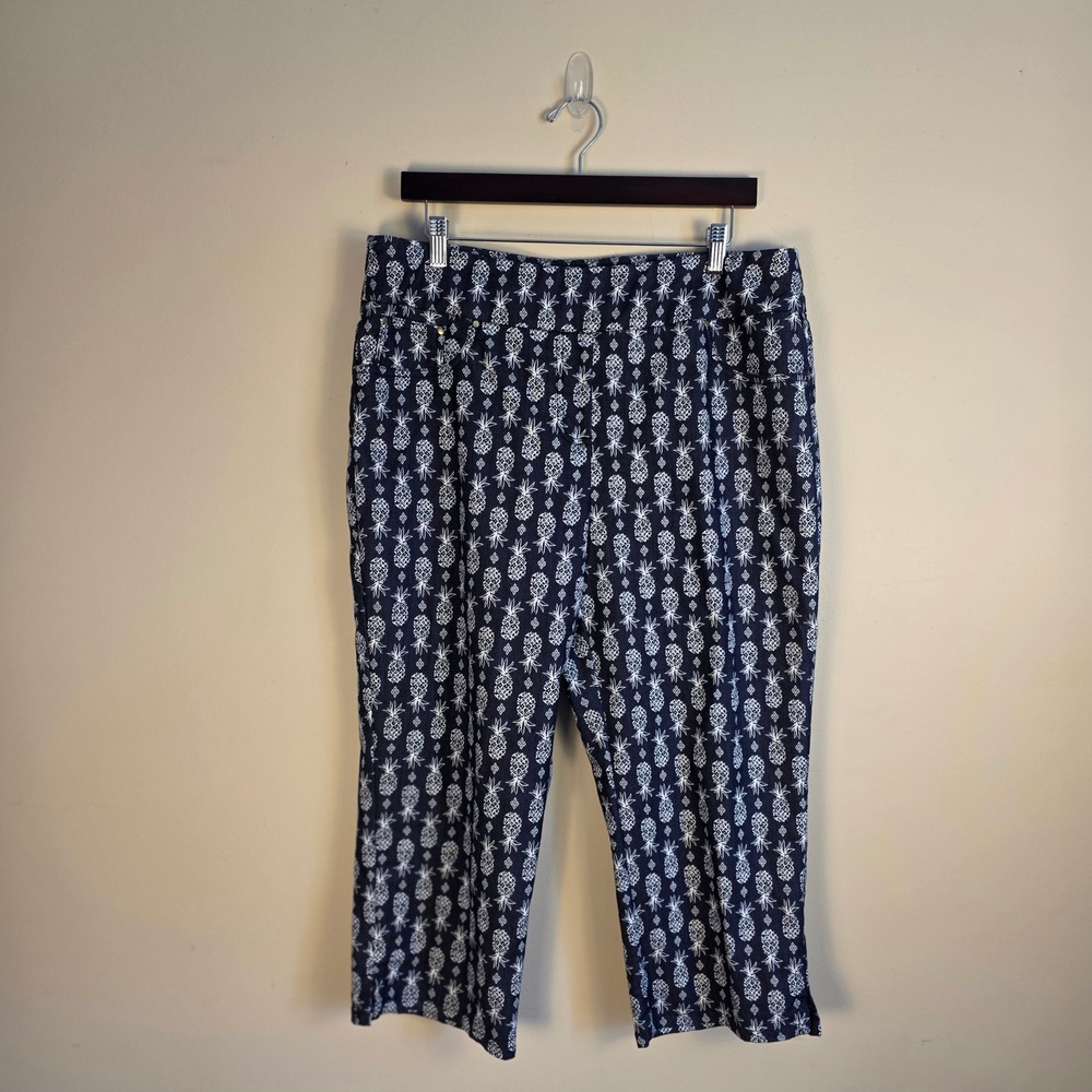 Ruby Rd Capri‎ Pants Womens 14 Blue Pineapple Print Stretch Pull On Crop 57411